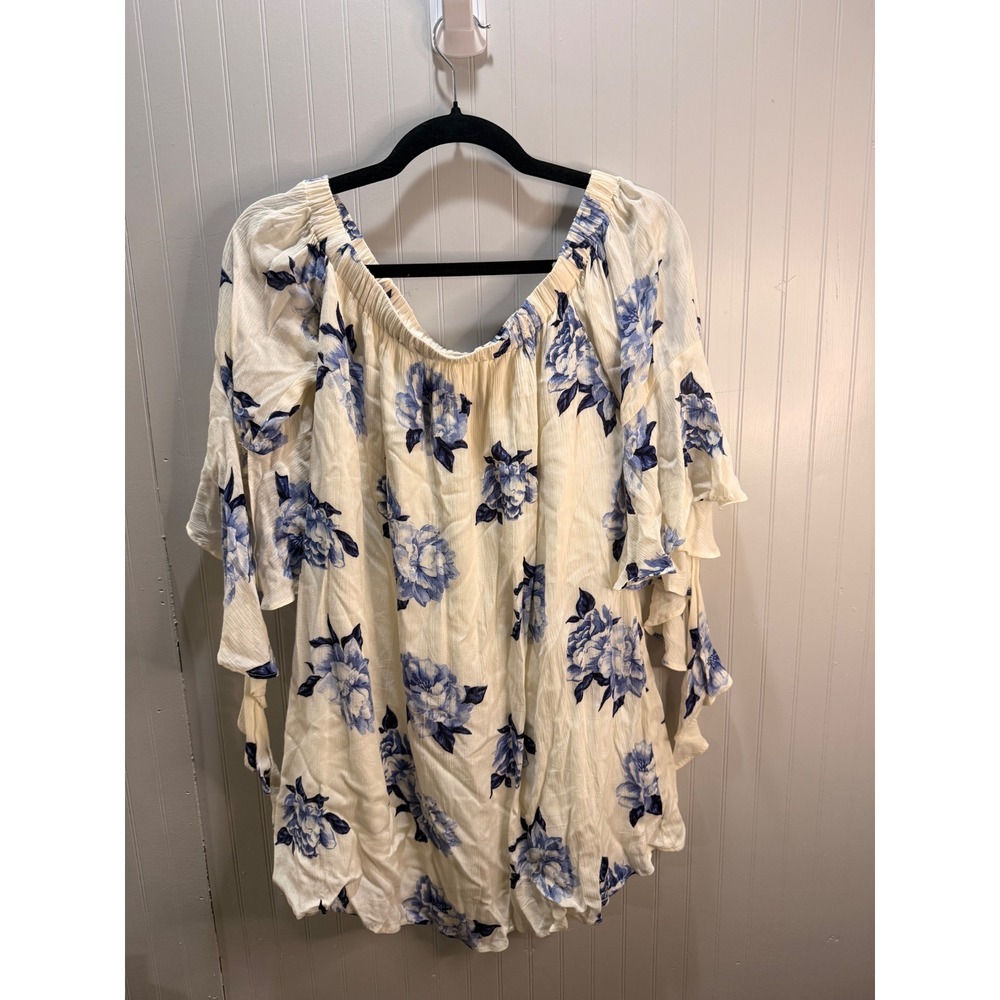Blu Pepper Women Blue Floral Off The Shoulder Ruffle Sleeve Boho Blouse Medium